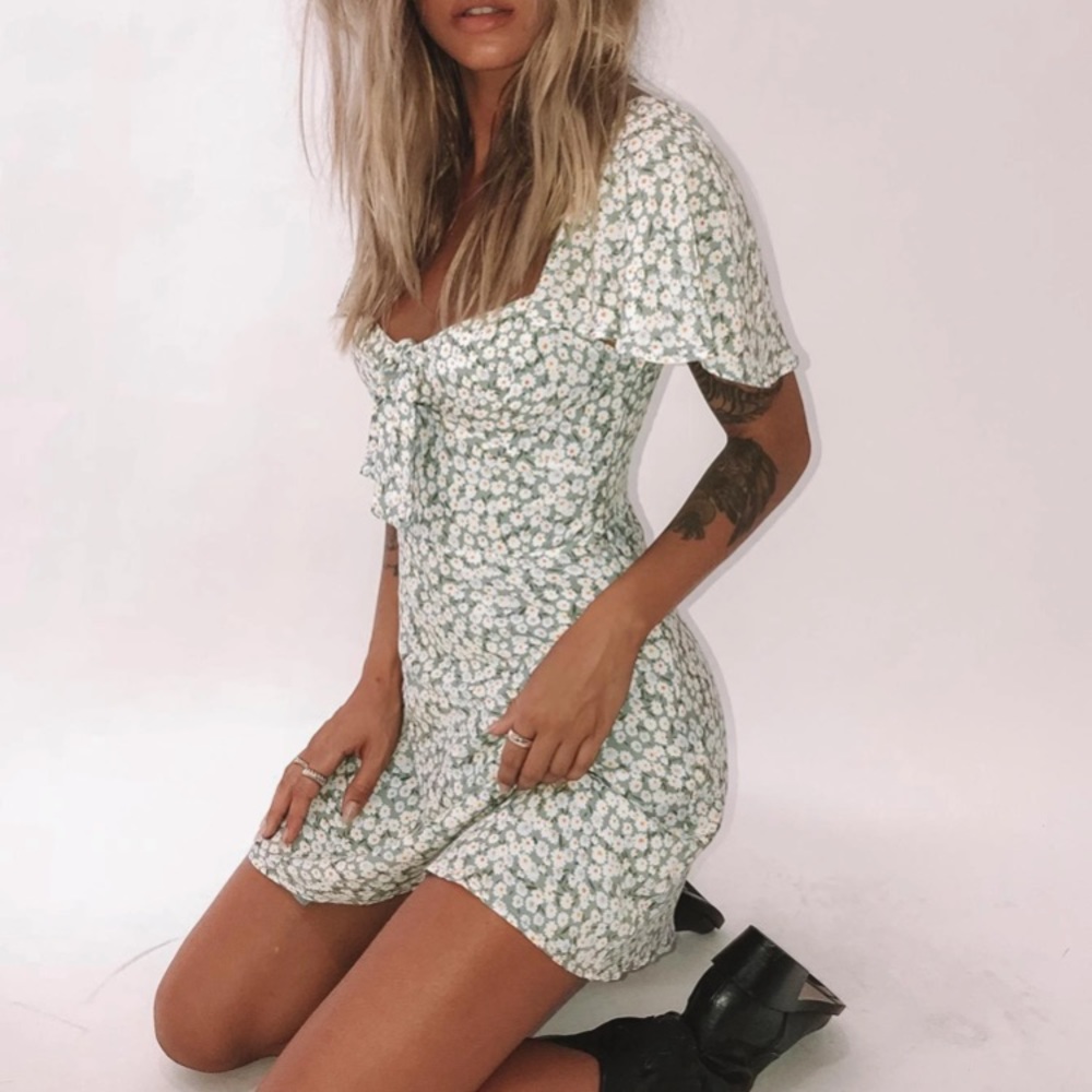 Floral Tie-Front Mini Dress in Sage